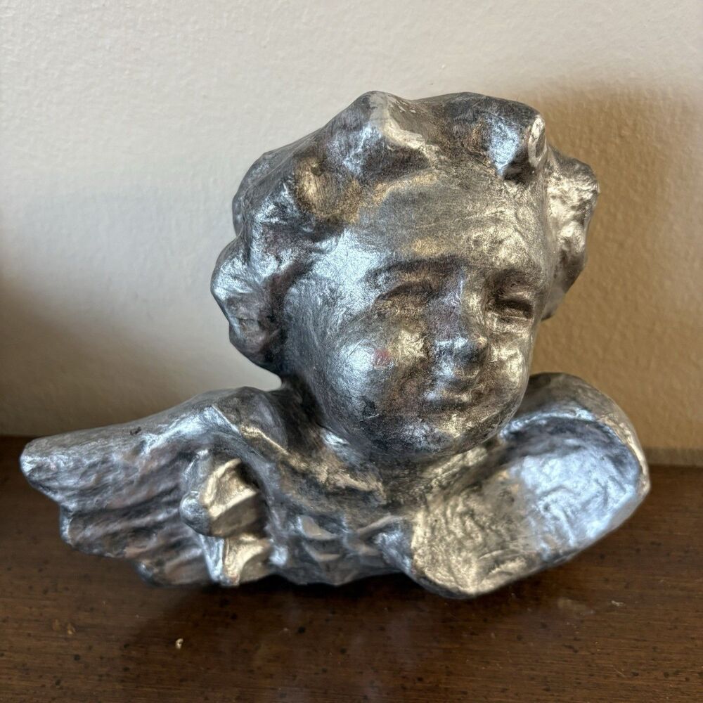 Silver Metallic Painted Paper Mache Cherub Angel Holiday Decor 6x8